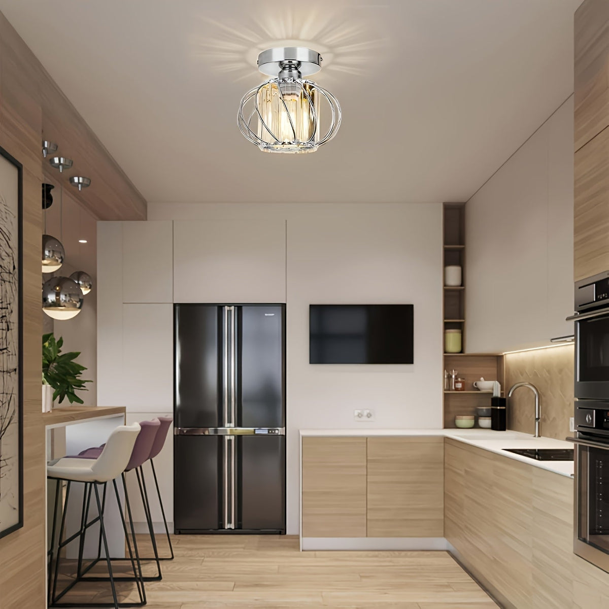 Modern Industrial Cage Ceiling Light | Elegant Semi Flush Mount Fixture | Glass Metal Bedroom