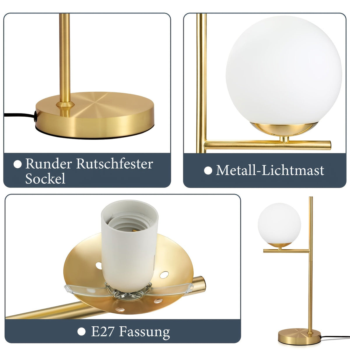 Modern Golden Table Lamp | White Glass Globe Design | Brass Industrial Vintage-inspired Bedside