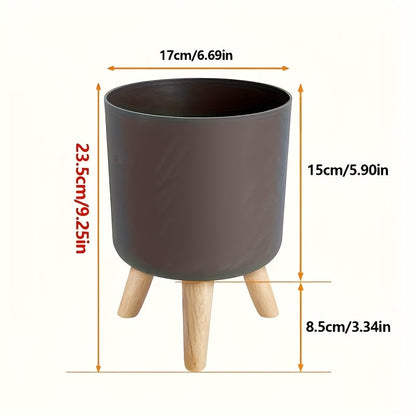 Modern Round Planter with Wooden Legs | Indoor & Outdoor Decorative Plant Pot | Wood Nordic