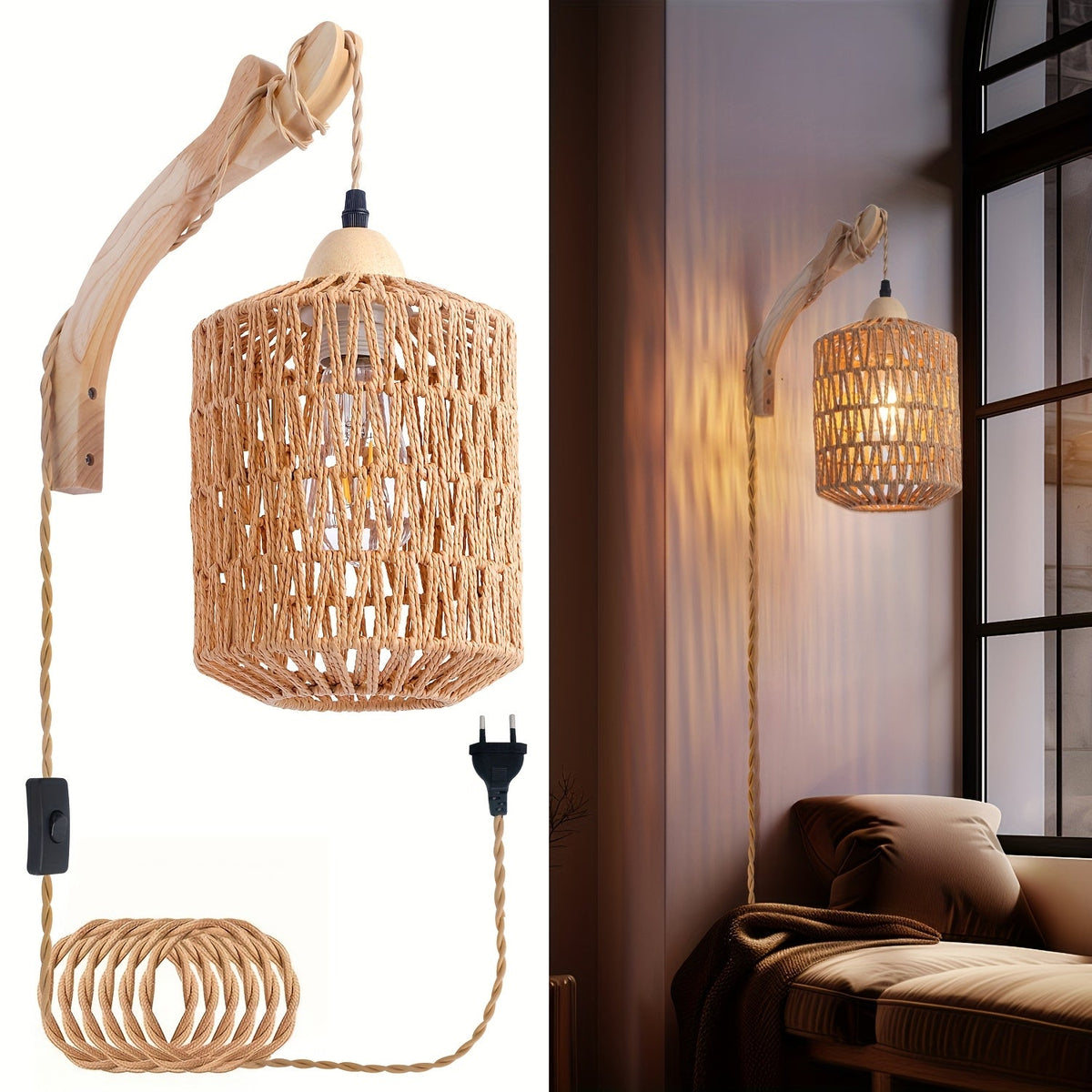Boho Wood & Rattan Wall Lamp | Hand-Woven Plug-In Light | Adjustable Handcrafted Bohemian