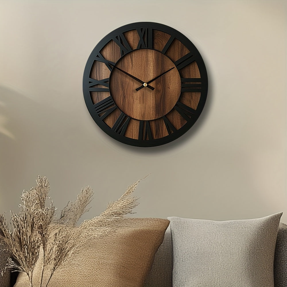 Vintage Wooden Wall Clock | Roman Numeral Design | Wood Metal Silent Vintage-inspired Kitchen