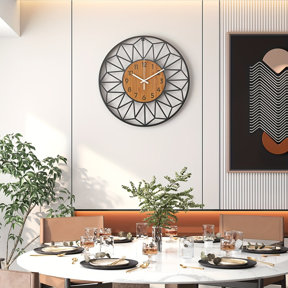 Modern Metal Wall Clock | Wood Grain Centre Design | Silent Industrial Kitchen