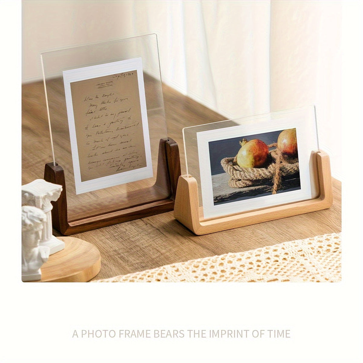 U-Shaped Acrylic & Wood Photo Frame | Modern Minimalist Display | Faceted Crystal Shelf