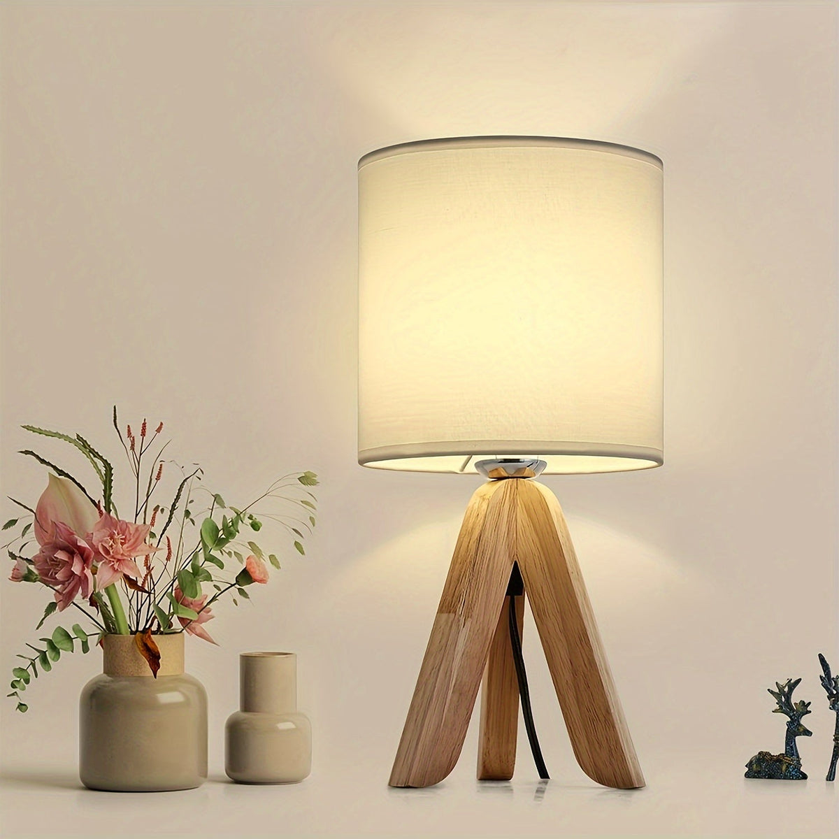 Nordic Wooden Tripod Table Lamp | Fabric Shade | Wood Woven Linen Bedside