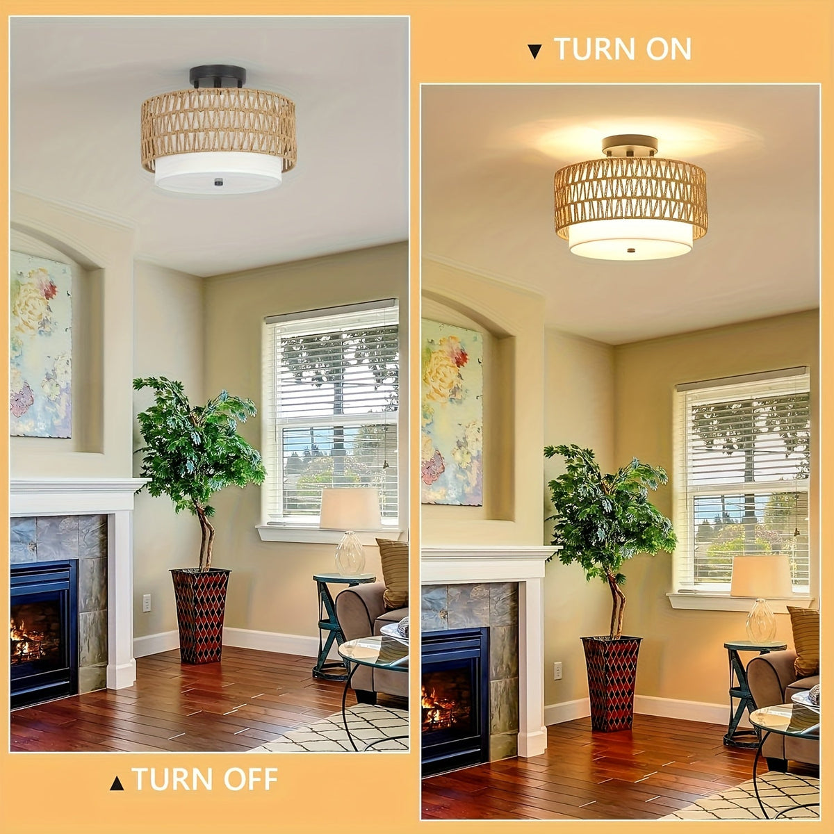 Boho Rattan Ceiling Light | Semi-Flush Mount with Linen Shade | Handcrafted Bohemian Bedroom
