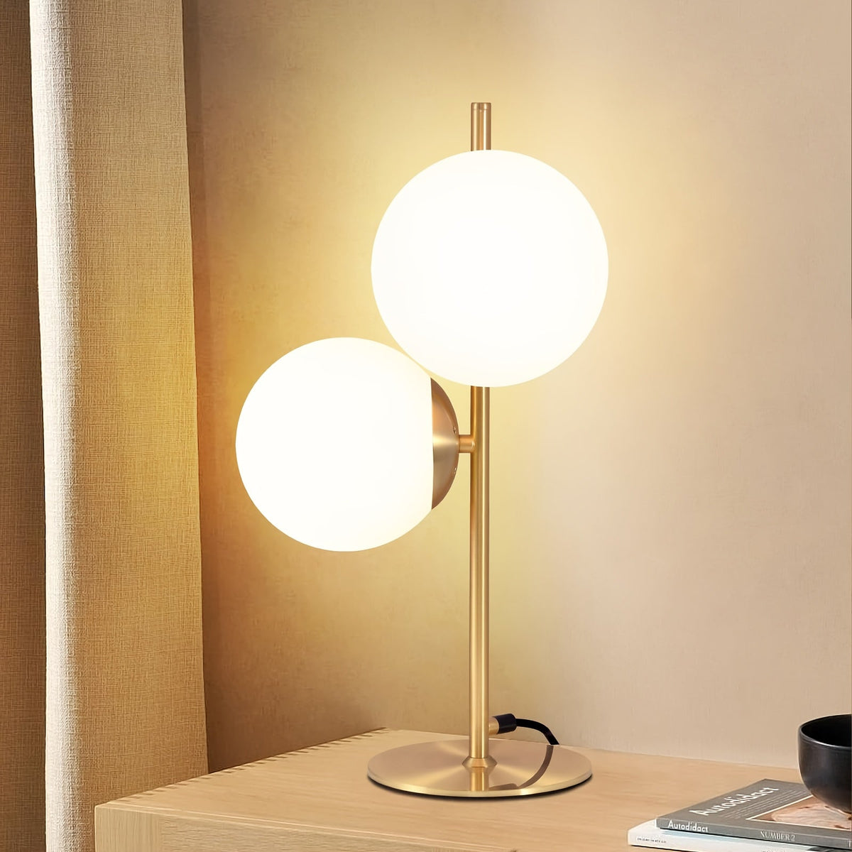 Modern Golden Table Lamp | White Glass Globe Design | Brass Industrial Vintage-inspired Bedside
