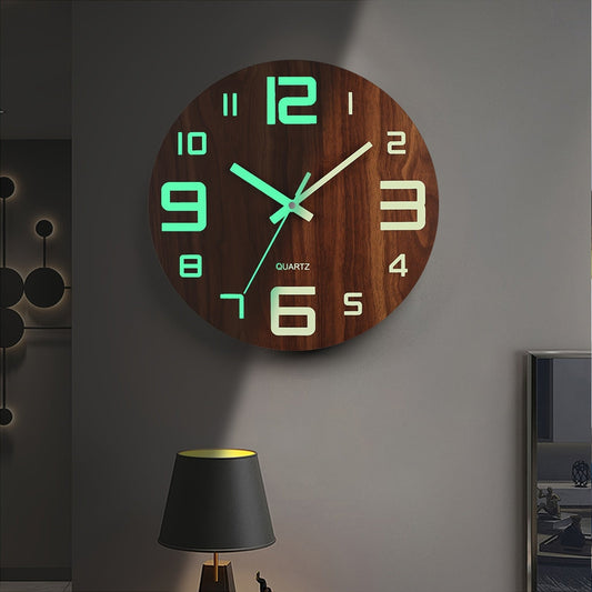 Walnut Luminous Wall Clock | Silent Glow-in-the-Dark Wooden Design | Wood Kitchen
