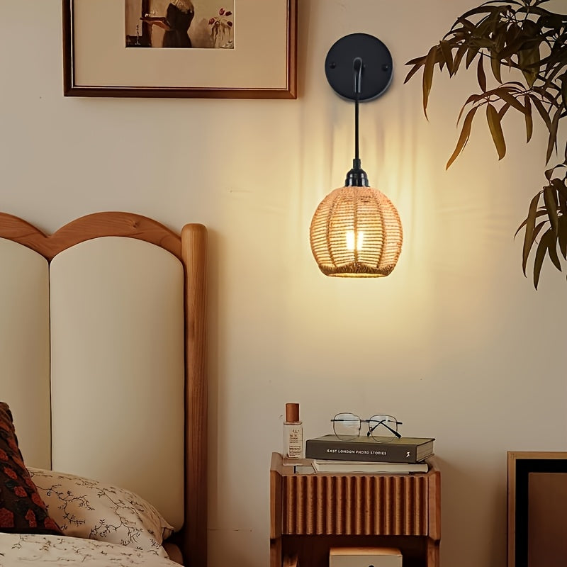 Boho Rattan Wall Lamp | Handwoven Bedside & Living Room Sconce | Wall Light Metal Adjustable