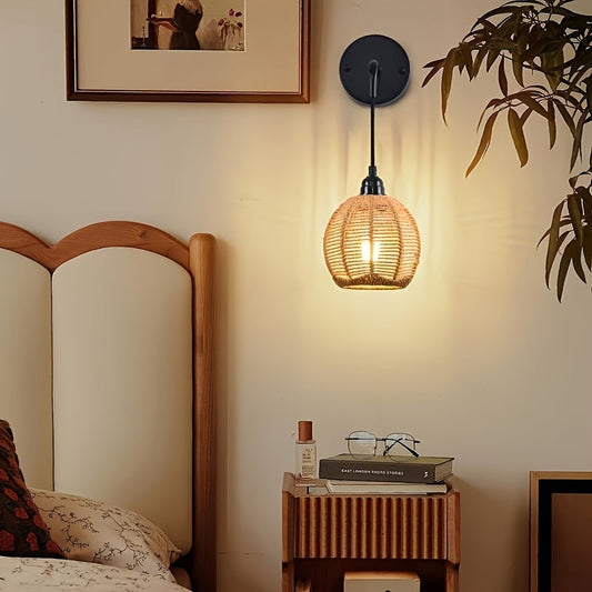 Boho Rattan Wall Lamp | Handwoven Bedside & Living Room Sconce | Wall Light Metal Adjustable