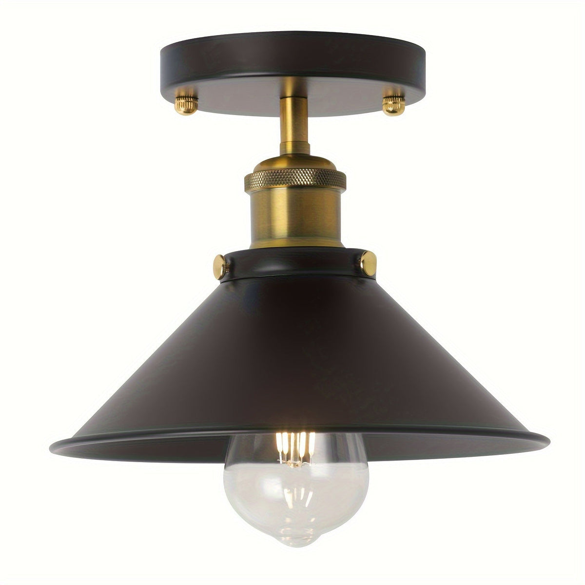 Industrial Black Semi Flush Mount Ceiling Light | Vintage Metal Pendant Fixture | Brass