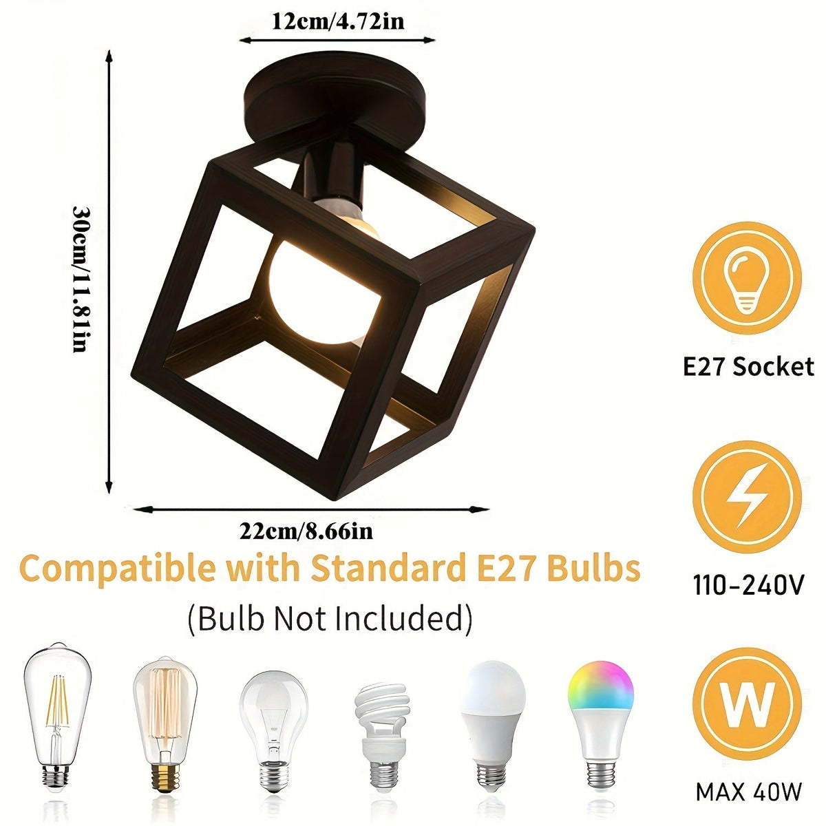 Geometric Cube Ceiling Light | Modern Industrial Semi Flush Mount Fixture | Metal Bedroom
