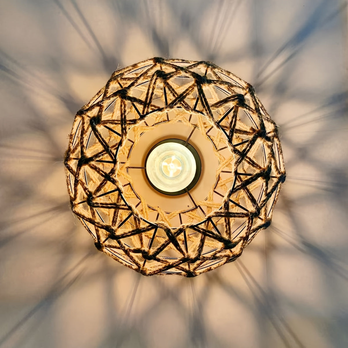 Bohemian Hemp Rope Ceiling Light | Handwoven Rustic Flush Mount Fixture | Handcrafted Bedroom