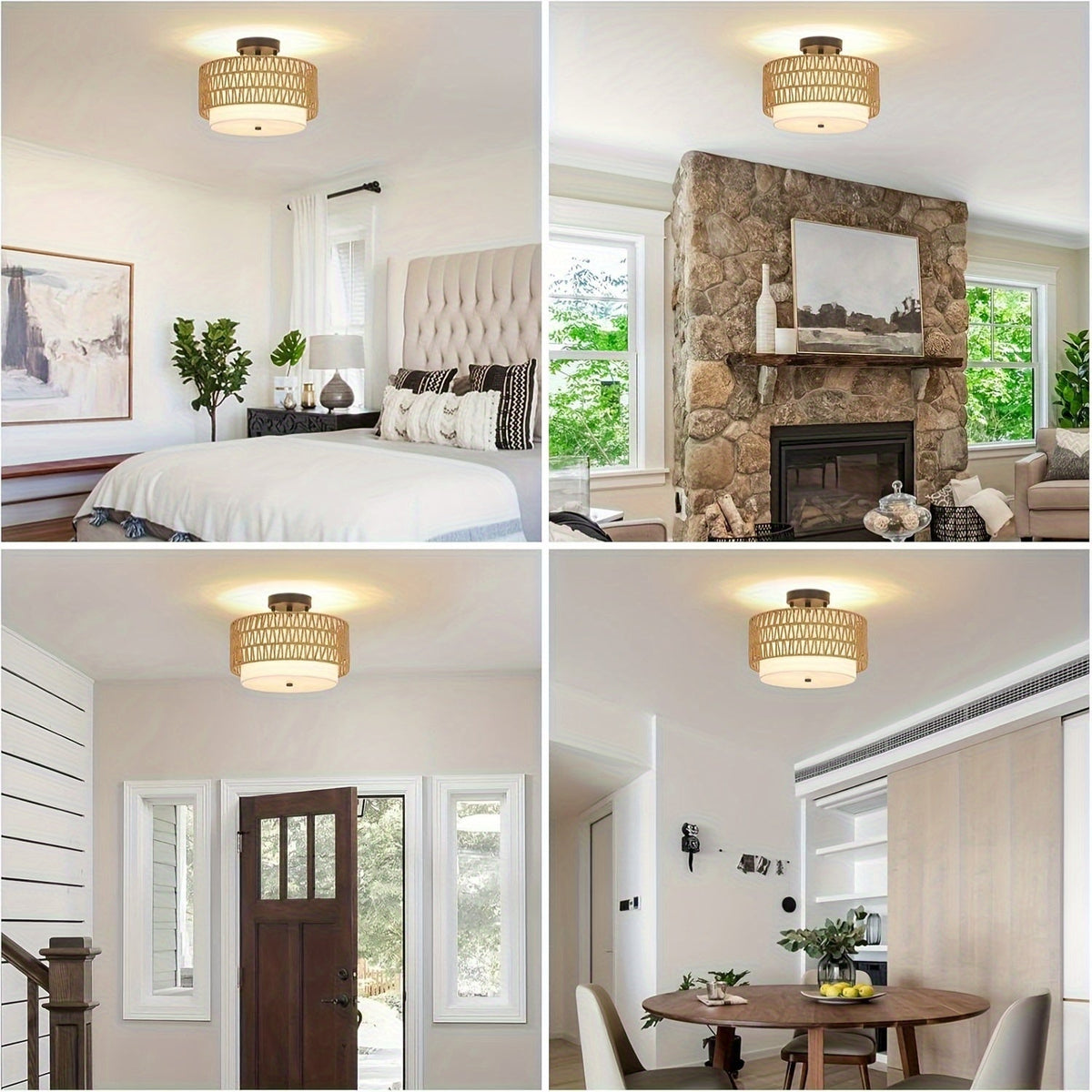 Boho Rattan Ceiling Light | Semi-Flush Mount with Linen Shade | Handcrafted Bohemian Bedroom