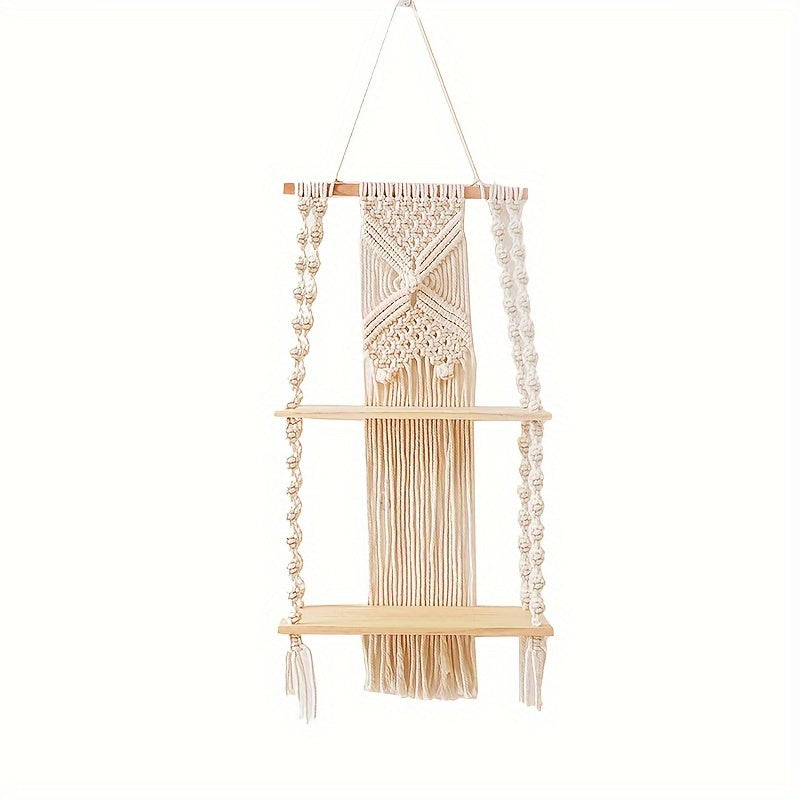 Boho Macrame Wall Shelf | 2-Tier Hanging Storage Rack | Wall Organiser Wood Natural Rope