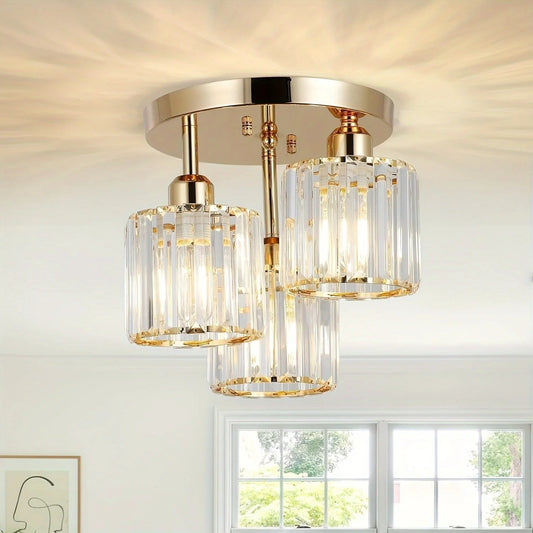 Modern Gold Luxury Crystal Ceiling Light | 3-Light Semi Flush Mount | Bedroom