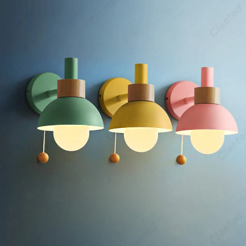 Nordic Wood Accent Wall Lamp | Minimalist Pull-Switch Light | Metal Bedroom