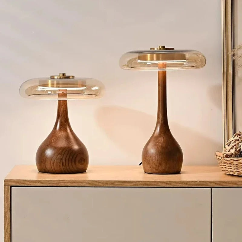 Andi Glass Table Lamp | Modern Brass & Wood Accent Light | Walnut LED Adjustable Art Deco