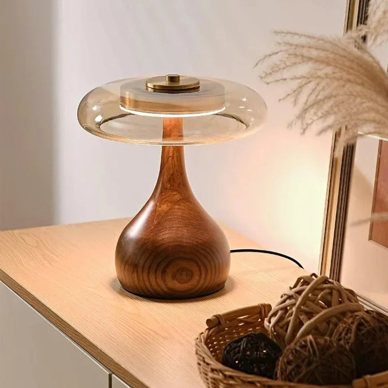 Andi Glass Table Lamp | Modern Brass & Wood Accent Light | Walnut LED Adjustable Art Deco