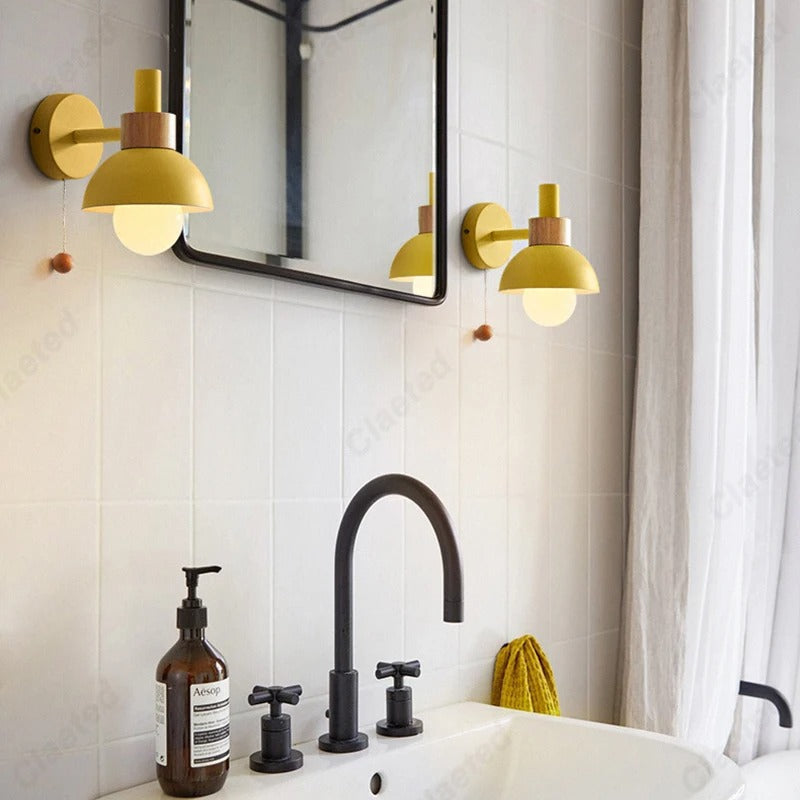 Nordic Wood Accent Wall Lamp | Minimalist Pull-Switch Light | Metal Bedroom