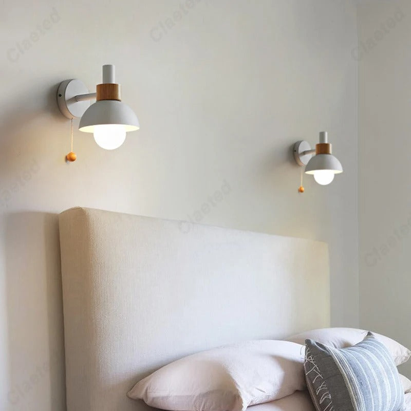 Nordic Wood Accent Wall Lamp | Minimalist Pull-Switch Light | Metal Bedroom