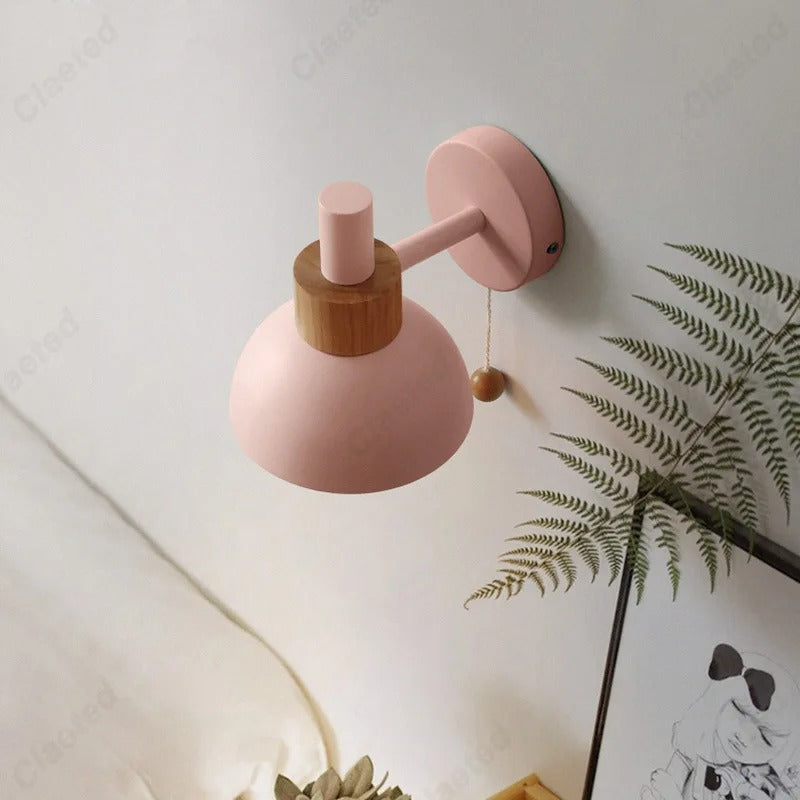 Nordic Wood Accent Wall Lamp | Minimalist Pull-Switch Light | Metal Bedroom