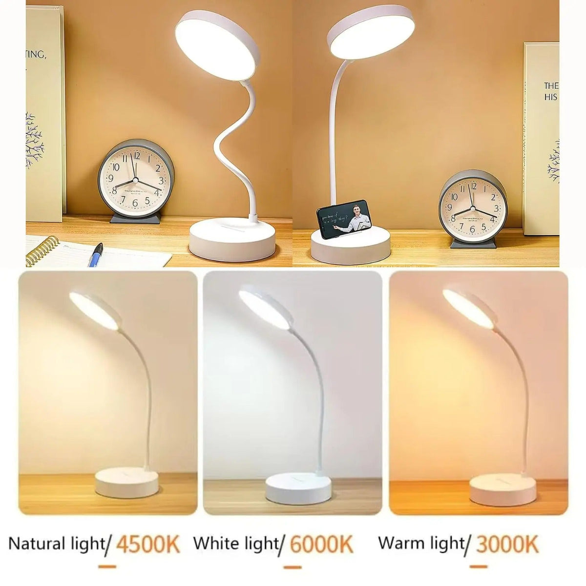 LED Desk Lamp with USB Charging | Adjustable Swan-Neck Reading Light | Rechargeable Bedside
