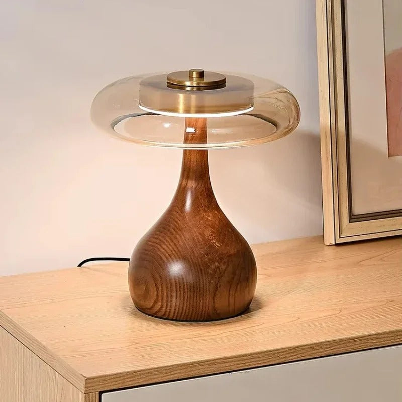 Andi Glass Table Lamp | Modern Brass & Wood Accent Light | Walnut LED Adjustable Art Deco