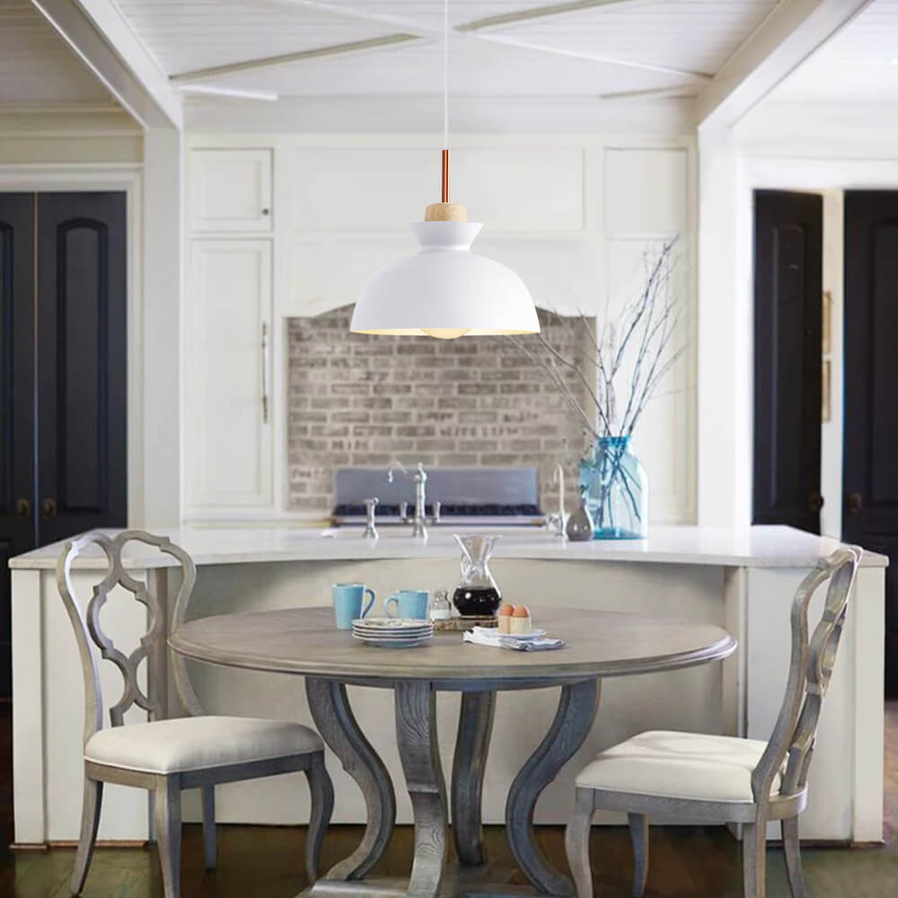 Modern Single Pendant Dome Light | Scandinavian Metal Hanging Lamp | Wood Adjustable Nordic
