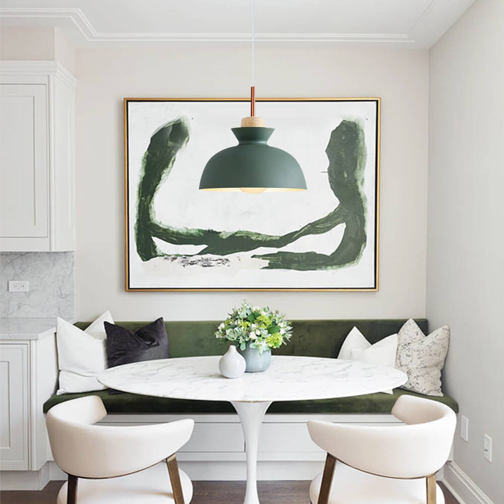 Modern Single Pendant Dome Light | Scandinavian Metal Hanging Lamp | Wood Adjustable Nordic