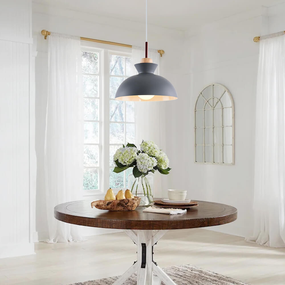 Modern Single Pendant Dome Light | Scandinavian Metal Hanging Lamp | Wood Adjustable Nordic