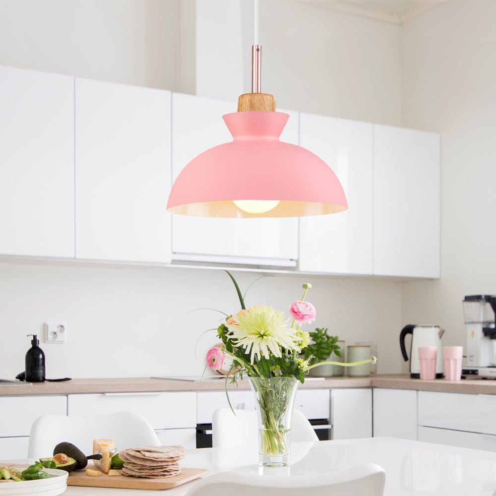Modern Single Pendant Dome Light | Scandinavian Metal Hanging Lamp | Wood Adjustable Nordic