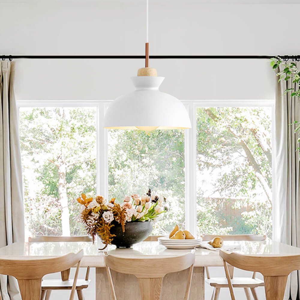 Modern Single Pendant Dome Light | Scandinavian Metal Hanging Lamp | Wood Adjustable Nordic