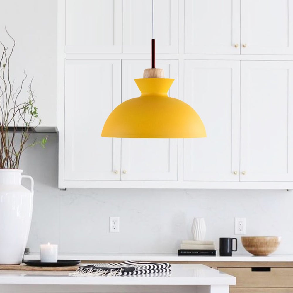 Modern Single Pendant Dome Light | Scandinavian Metal Hanging Lamp | Wood Adjustable Nordic