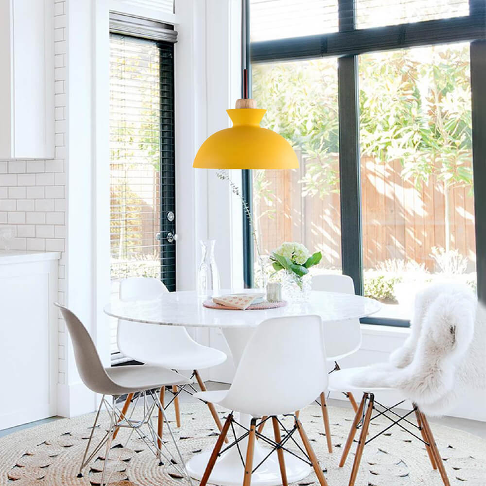 Modern Single Pendant Dome Light | Scandinavian Metal Hanging Lamp | Wood Adjustable Nordic