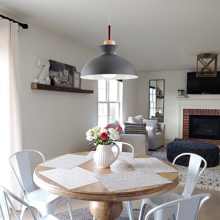 Modern Single Pendant Dome Light | Scandinavian Metal Hanging Lamp | Wood Adjustable Nordic