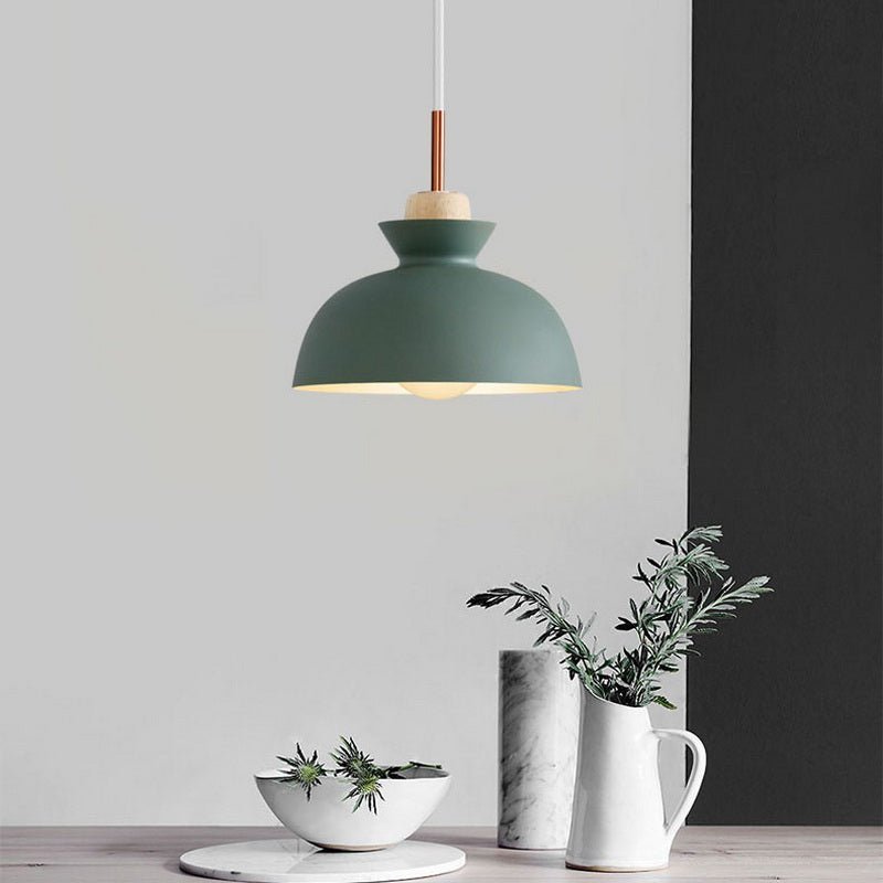 Modern Single Pendant Dome Light | Scandinavian Metal Hanging Lamp | Wood Adjustable Nordic