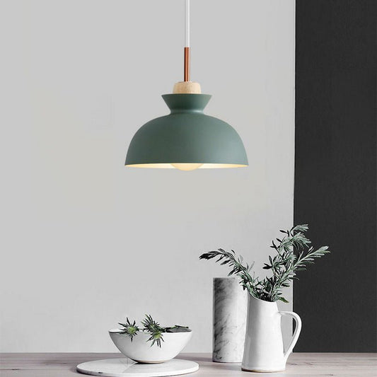 Modern Single Pendant Dome Light | Scandinavian Metal Hanging Lamp | Wood Adjustable Nordic