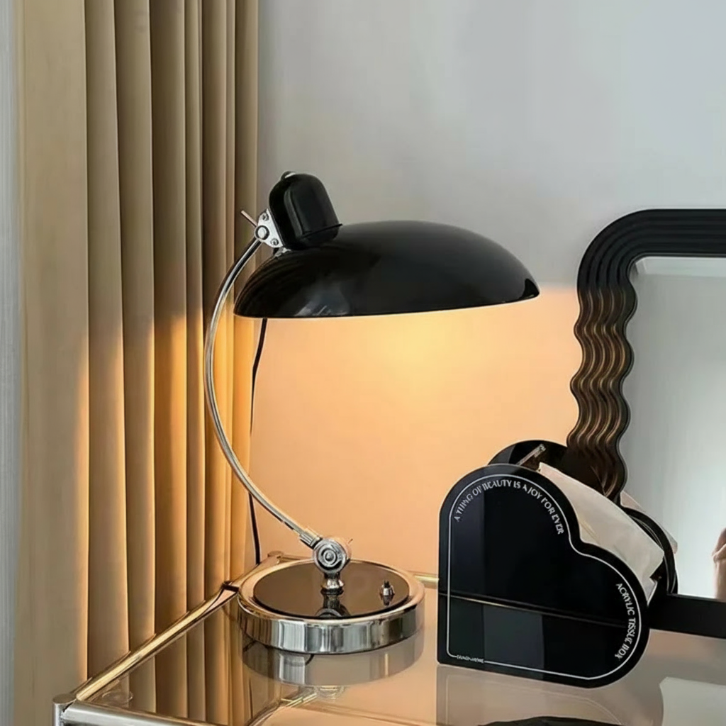 ScandiArc Table Lamp | Bauhaus-Inspired Curved Metal Design | Polished Chrome Nordic Bedside