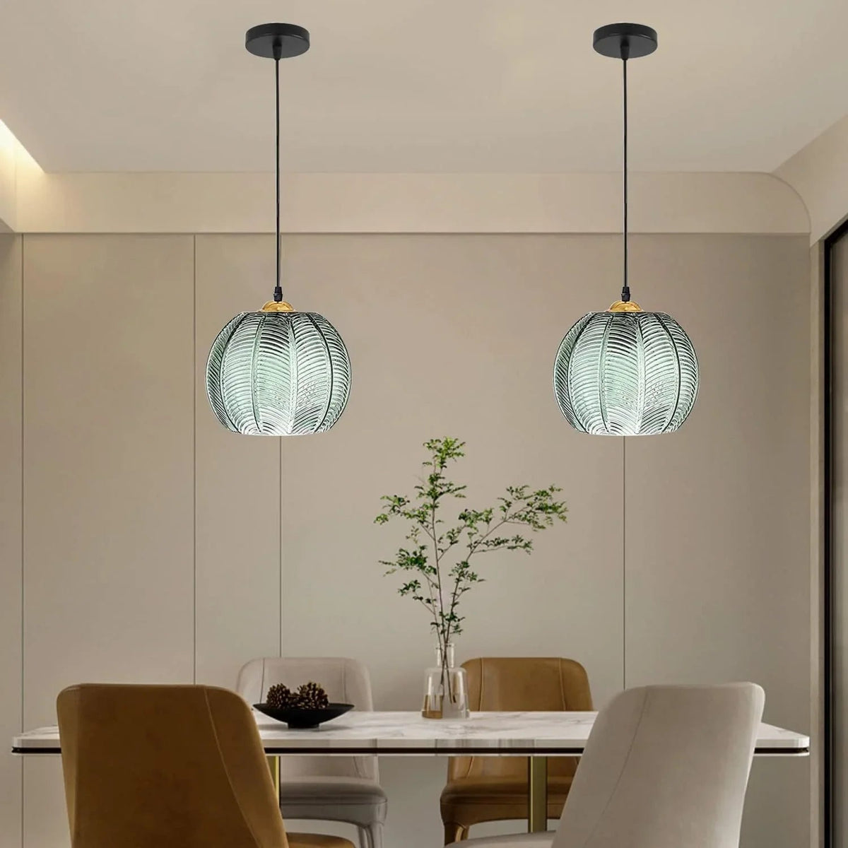 Pumpkin Ribbed Glass Pendant Lamp | Retro Green Hanging Light | Vintage-inspired Dining Room