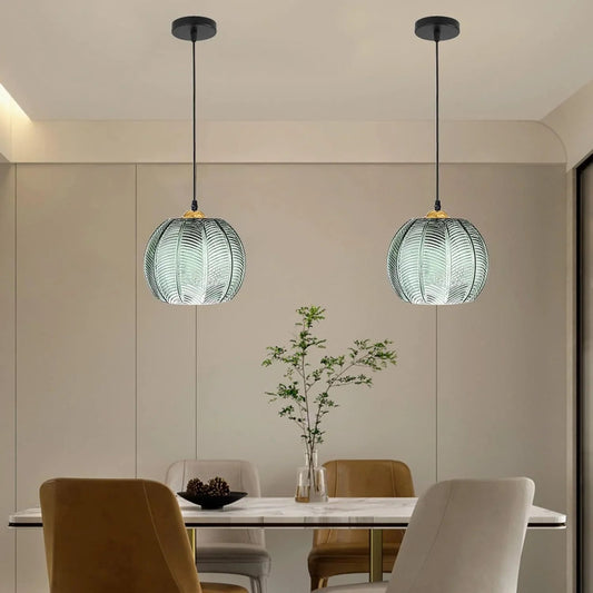 Pumpkin Ribbed Glass Pendant Lamp | Retro Green Hanging Light | Vintage-inspired Dining Room