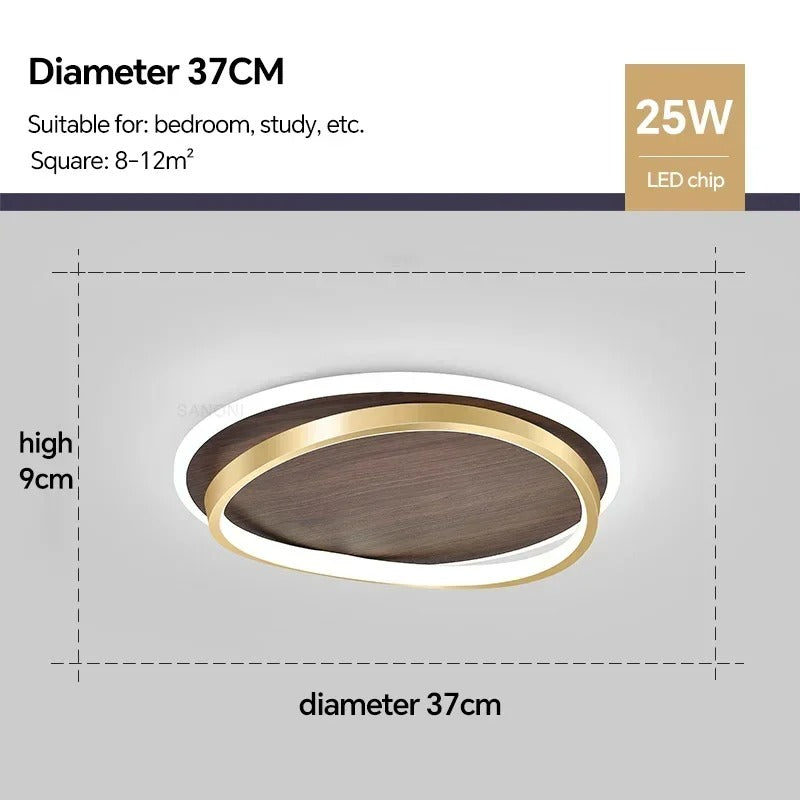 LED Modern Ceiling Lamp | Walnut & Gold Round Design | Ceiling Light Wood Nordic Bedroom