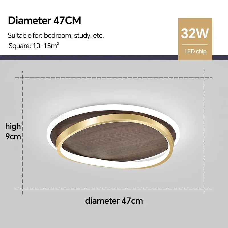 LED Modern Ceiling Lamp | Walnut & Gold Round Design | Ceiling Light Wood Nordic Bedroom