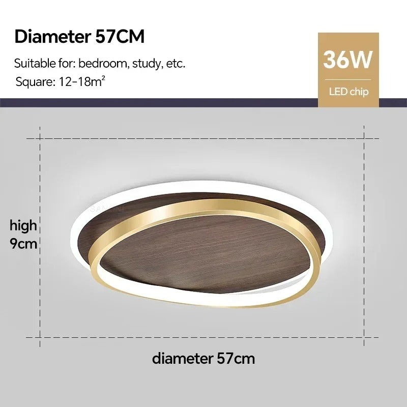 LED Modern Ceiling Lamp | Walnut & Gold Round Design | Ceiling Light Wood Nordic Bedroom